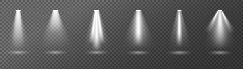 creative vector illustration of bright lighting spotlights set, light sources isolated on transparen