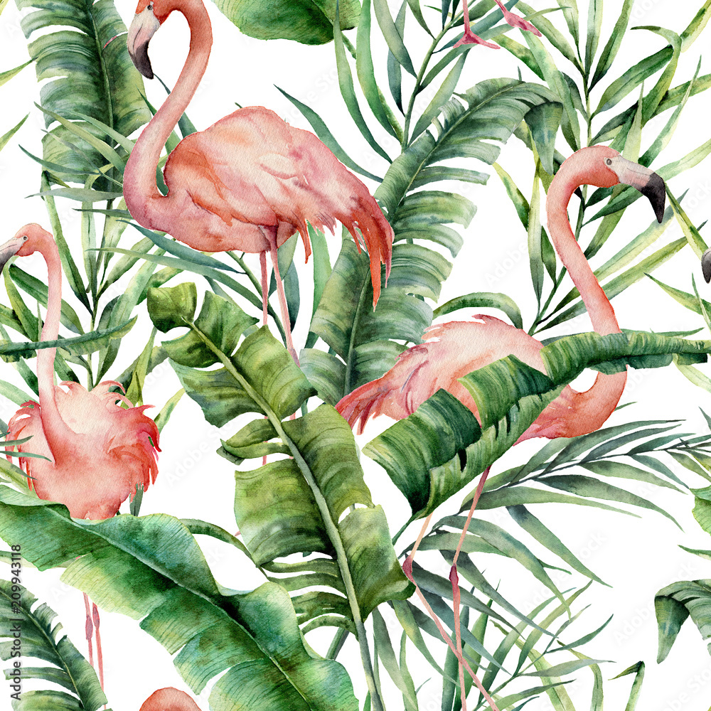 Foto-Plissee zum Schrauben - Watercolor tropical pattern with palm leaves and flamingo. Hand painted greenery exotic branch and leaves on white background. Botanical illustration for design, print, fabric or background.