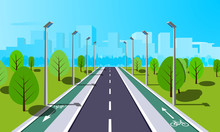 Straight Empty Road Through The Countryside With Bike Lane. Summer Landscape Vector Illustration.