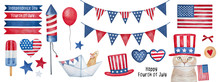 Independence Day (4th Of July) Collection. Hand Drawn Watercolour Graphic Paint On White Background, Isolated Clip Art Elements For Holiday Decoration And Celebration Design. Red, Blue, White Color.