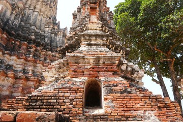 Travel Thailand - Pagoda in Wat Chaiwatthanaram on blue sky and cloud background, Ayutthaya Historical Park. The brick pagoda at old ayutthaya temple ruins. Space for text in template.