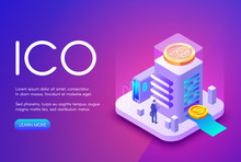 ICO Cryptocurrency Vector Illustration Of Bitcoin And Tokens For Crowdfunding Investment And Business Startup. Crypto Currency And Bit Coin Commerce Technology On Purple Ultraviolet Background