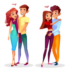 Young couple in love vector illustration of teen boy and girl in romance or dating with hearts. Cartoon characters of man and woman looking in eyes, embracing or holding hands together