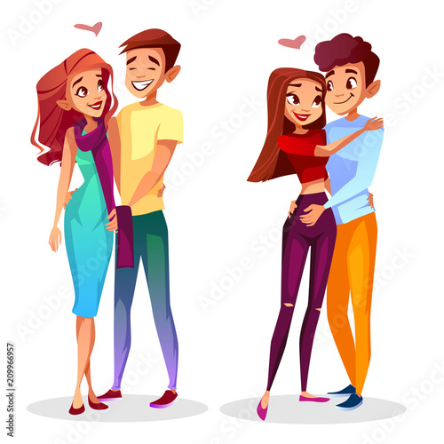 Young Couple In Love Vector Illustration Of Teen Boy And Girl In Romance Or Dating With Hearts Cartoon Characters Of Man And Woman Looking In Eyes Embracing Or Holding Hands Together Stock