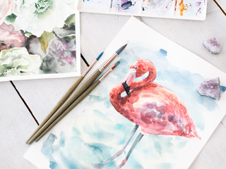 art painting skills. beautiful watercolor drawing of flamingo. work of a gifted painter.