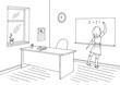 Classroom graphic black white school interior sketch illustration vector. Girl is writing on the blackboard