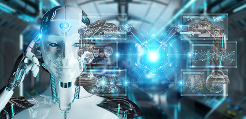 Poster - white woman robot using robotics arms with digital screen 3d rendering