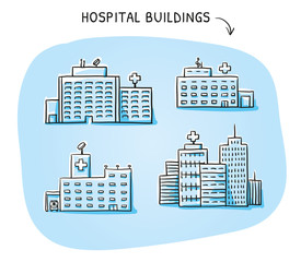 Wall Mural - Set of different hospital buildings, medical center. Hand drawn cartoon sketch vector illustration, blue marker style coloring. 