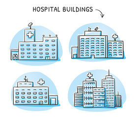 Wall Mural - Set of different hospital buildings, medical center. Hand drawn cartoon sketch vector illustration, blue marker style coloring. 