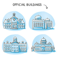 Wall Mural - Set of different official buildings, central station, city hall, court, seat of government. Hand drawn cartoon vector illustration.