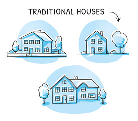 Set of 3 different colorful houses, detached, single family houses with gardens. Hand drawn cartoon sketch vector illustration, marker style coloring. 