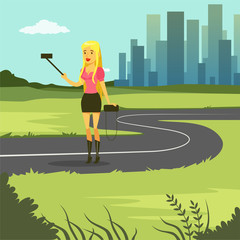 Sticker - Girl taking selfie photo while walking on city street, flat vector illustration