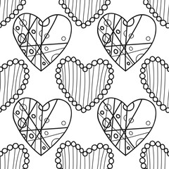 Decorative hearts. Black and white illustration for coloring book or page. Seamless pattern, love background.