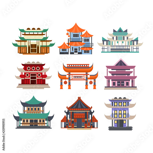 Fotomural Traditional pagoda buildings set, Asian architecture objects vector Illustration