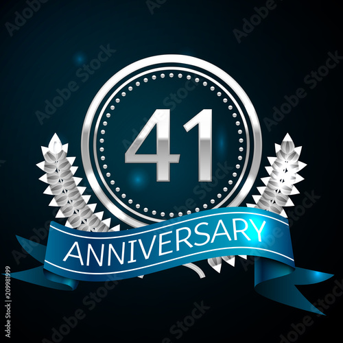 Poster Realistic Forty one Years Anniversary Celebration Design with Silver Ring and Laurel Wreath, blue ribbon on blue background