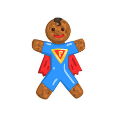 Canvas Print - Gingerbread man in costume of superman, Christmas character with funny face vector Illustration on a white background