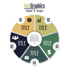 Wall Mural - Vector circle chart infographic template with 5 options. Cycle diagram, graph, presentation. Design for business concept with circular parts, steps, processes, advertising, layouts, annual reports