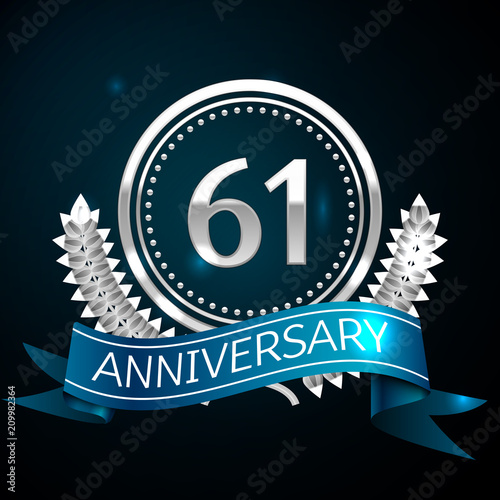 Poster Realistic Sixty one Years Anniversary Celebration Design with Silver Ring and Laurel Wreath, blue ribbon on blue background