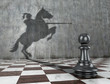The concept of the hidden potencial. A pawn that throws the shadow of a knight on a horse. 3D illustration