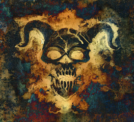 Wall Mural - Evil demon face on grunge texture background. Death symbol, occult, esoteric and Halloween illustration