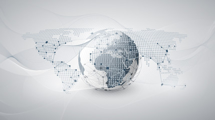 Poster - Global Networking and Cloud Computing Design Concept with Earth Globe and World Map - Digital Network Connections, Technology Background