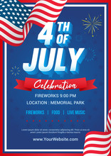 4th Of July Poster Templates Vector Illustration, USA Flag Waving Frame With Fireworks On Blue Star Pattern Background. Flyer Design