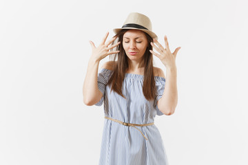 Young tender elegant charming woman dressed blue dress, cute hat with long brunette hair posing isolated on white background. People, sincere emotions, lifestyle concept. Advertising area. Copy space.