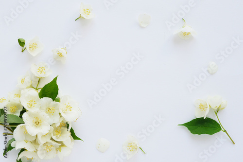 Photographie Jasmine flowers pattern top view, flat lay.