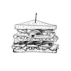 Wall Mural - Vector Hand Drawn Sandwich with a Teethpick, Doodle Freehand Drawing, Sketched Food.