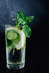 Fresh Summer Drink. Healthy glass detox fizzy water with lemon, mint, rosemary and cucumber in mason jar over dark background. Healthy food concept. Detox diet.