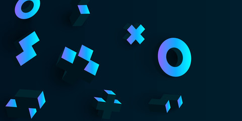 Wall Mural - Black background with blue 3d geometric figures.