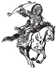 Native Indian Chief Wearing A Feather War Bonnet And Riding A Mustang Pony Horse In The Gallop. Nomadic Horseman Archer Warrior Or Hunter Sitting On A Horseback And Holding A Bow . Black And White