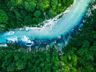 Top down aerial birds eye view over Soca river, Slovenia