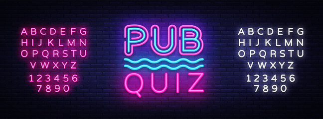 Wall Mural - Pub Quiz night announcement poster vector design template. Quiz neon signboard, light banner. Pub quiz held in pub or bar, night club. Pub team game. Questions game. Vector. Editing text neon sign