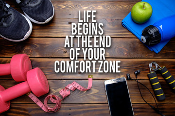 Life begins at the end of your comfort zone. Fitness motivational quotes.