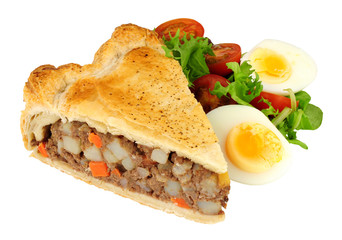 Wall Mural - Slice of meat and vegetable pie with fresh salad and boiled egg isolated on a white background