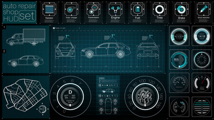 Poster - Infographics of freight transport and transportation.Template of automobile infographics. Abstract virtual graphic touch user interface. Cars diagnostic. Template mobile car repair apps. HUD style.