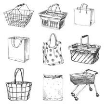 Beautiful Vector Hand Drawn Shopping Cart, Bag And Basket Set Illustrations.