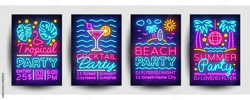 Summer party posters collection neon vector. Summer party design template, bright neon brochure, modern trend design, light banner, typography invitation to the party, advertising postcard. Vector - obrazy, fototapety, plakaty 