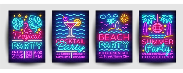 summer party posters collection neon vector. summer party design template, bright neon brochure, mod