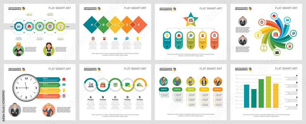 Colorful management or analysis concept infographic charts set. Business design elements for presentation slide templates. For corporate report, advertising, leaflet layout and poster design. - obrazy, fototapety, plakaty 