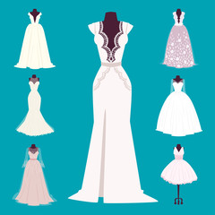 Wedding bride dress elegance style celebration bridal shower clothing accessories vector illustration.