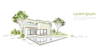 Vector Architectural Sketch Modern Exclusive House. 