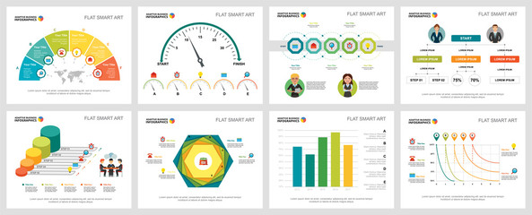 Colorful research or management concept infographic charts set. Business design elements for presentation slide templates. Can be used for financial report, workflow layout and brochure design.