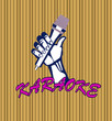 Vector illustration of a hand with a microphone, karaoke. Singing to music.