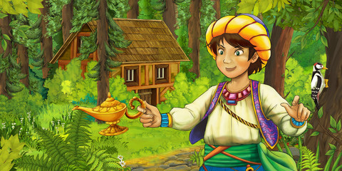 cartoon scene with prince traveling and encountering hidden wooden house in the forest - illustration for children