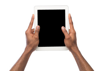 Black man holding digital tablet isolated on white background