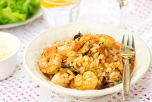 Italian Rice Dish Risotto With Seafood, Shrimps And Mussels