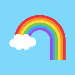 Wall Mural - Simple colorful cute rainbow vector illustration. Rainbow with one cloud and extended one end on light blue background.