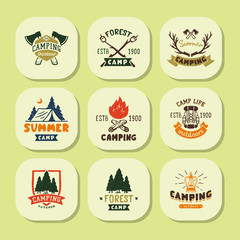 Wall Mural - set of vintage woods camp badges and travel logo hand drawn emblems nature mountain camp outdoor vec